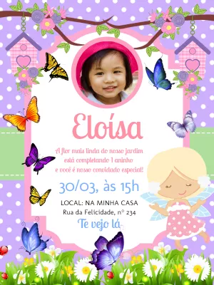 Convite Aniversário Jardim das Fadas com Foto para Editar Online