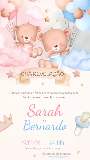 Convite Chá Revelação Ursinhos Baloeiros para Editar Online