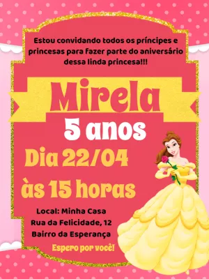 Convite de Aniversário Princesa Bela Editável Online