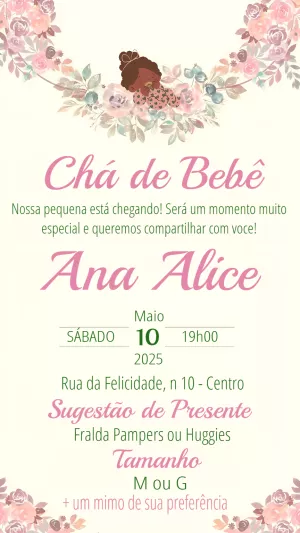 Convite Chá de Bebê Menina Negra Floral para Editar Online