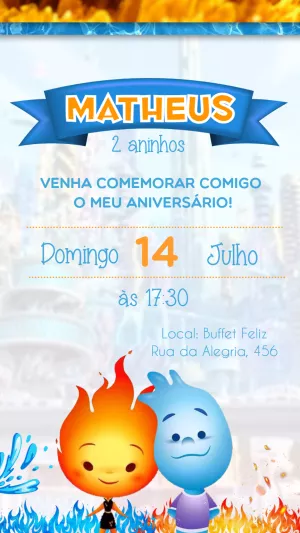 Convite Aniversário Elementos Fogo e Água para Editar Online