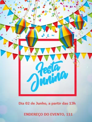 Convite Festa Junina Colorido com Balões para Editar Online