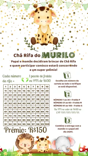 Convite Chá Rifa Girafinha Safari para Editar Online