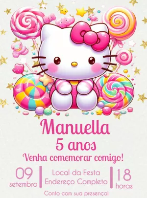 Convite Aniversário Hello Kitty Doce para Editar Online