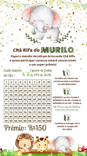 Convite Chá Rifa Elefantinho Safari Editável para Enviar