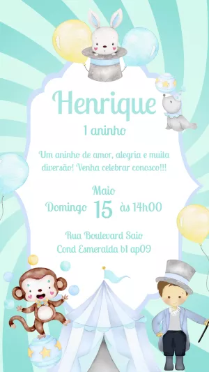Convite Aniversário Circo com Animais para Editar Online