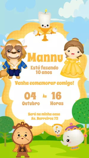 Convite Aniversário A Bela e a Fera com Personagens para Editar