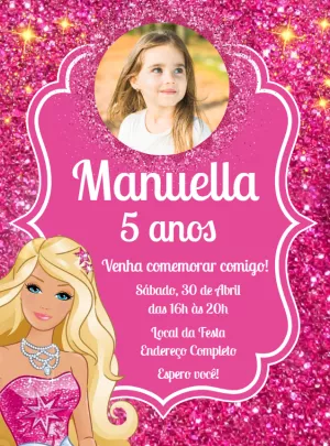 Convite Aniversário Barbie com Foto para Editar Online
