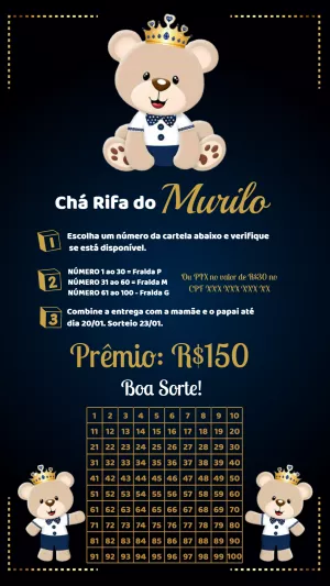 Chá Rifa Ursinho Príncipe Editável Online para Enviar