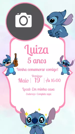 Convite de Aniversário Stitch com Foto para Editar Online