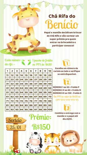Convite Chá Rifa Safari com Animais para Editar Online