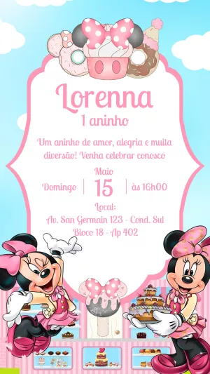 Convite Aniversário Minnie Confeiteira para Editar Online
