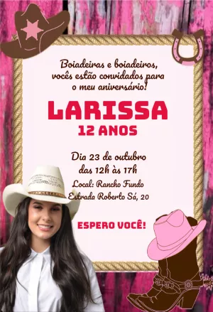 Convite Aniversário Boiadeira com Foto para Editar Online