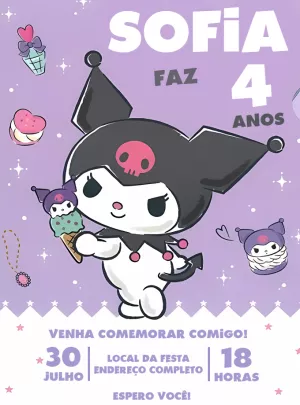Convite de Aniversário Kuromi Editável Online para Imprimir