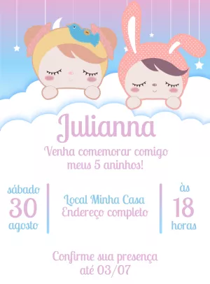 Convite Aniversário Boneca Metoo para Editar Online