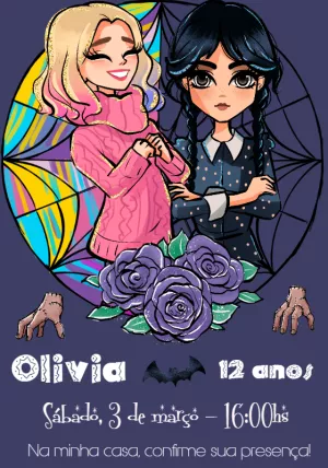 Convite Aniversário Wandinha e Enid para Editar Online