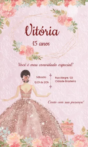 Convite 15 Anos Rosa Glitter Floral para Editar Online