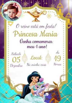 Convite Aniversário Jasmine com Foto para Editar Online