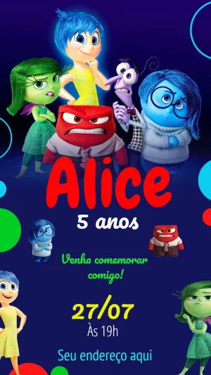 Convite Aniversário Divertida Mente com Personagens para Editar
