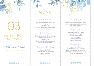 Menu de Casamento Azul e Dourado com Folhas para Editar Online