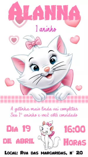 Convite Aniversário Gatinha Marie para Editar Online