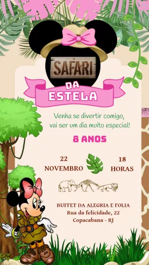 Convite Aniversário Safari da Minnie para Editar Online