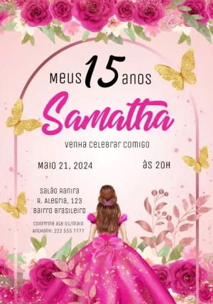 Convite 15 Anos Princesa Rosa com Borboletas para Editar Online