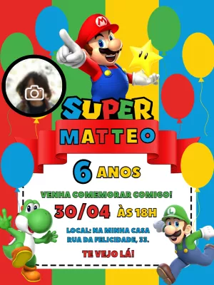 Convite de Aniversário Super Mario com Foto para Editar Online