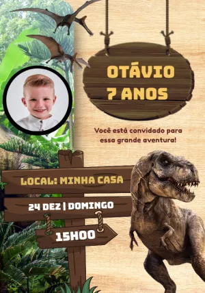 Convite de Aniversário Dinossauro com Foto para Editar Online