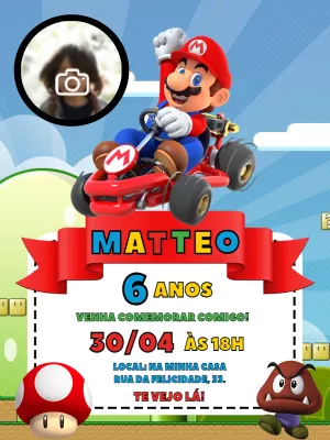 Convite de Aniversário Mario Kart com Foto para Editar Online