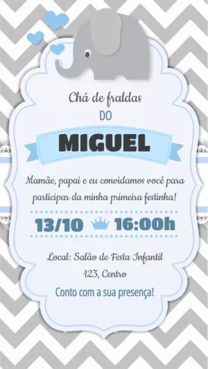 Convite Chá de Fraldas Elefante Cinza para Editar Online