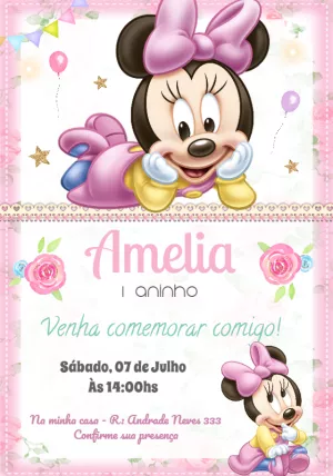 Convite de Aniversário Minnie Baby Rosa para Editar Online