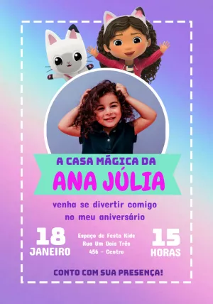 Convite Aniversário A Casa Mágica da Gabby com Foto para Editar