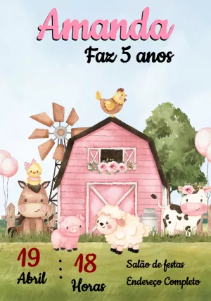 Convite Aniversário Fazendinha Rosa para Editar Online