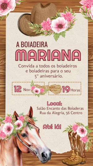 Convite Aniversário Boiadeira Country com Flores para Editar