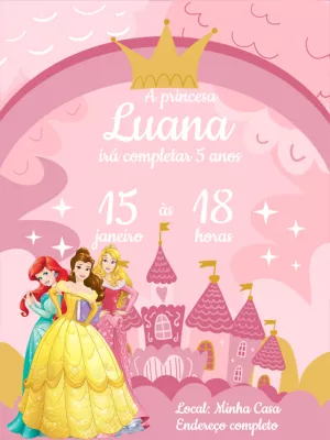 Convite de Aniversário Princesas da Disney para Editar Online