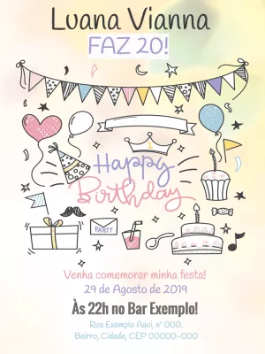 Convite de Aniversário Doodle Colorido para Editar Online
