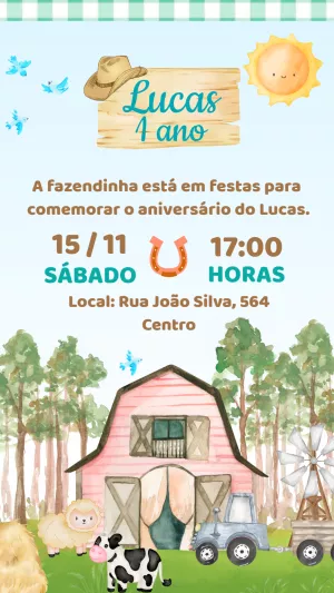 Convite de Aniversário Fazendinha com Animais para Editar