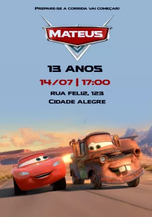 Convite de Aniversário Carros com Personagens para Editar