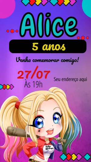 Convite de Aniversário Arlequina para Editar e Imprimir