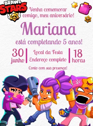Convite de Aniversário Brawl Stars com Personagens para Editar