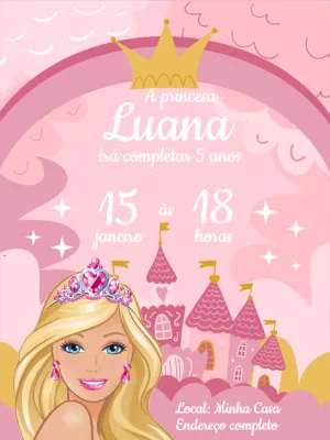 Convite Aniversário Barbie Princesa para Editar Online