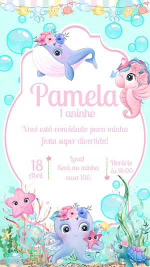 Convite Aniversário Fundo do Mar Menina para Editar Online