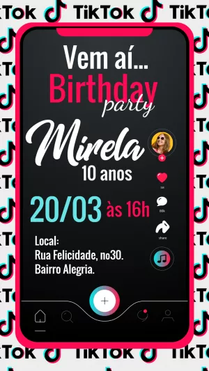 Convite de Aniversário Tik Tok para Editar e Imprimir