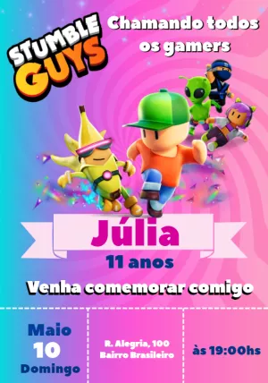 Convite Aniversário Stumble Guys com Personagens para Editar