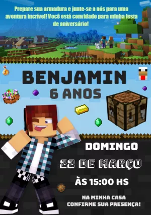 Convite de Aniversário Minecraft com Personagens para Editar