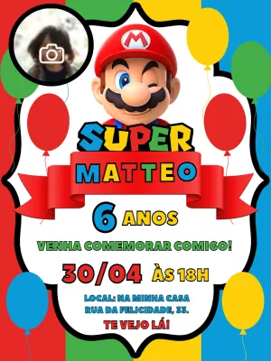 Convite Aniversário Super Mario com Foto para Editar Online