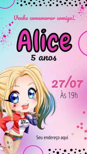 Convite de Aniversário Arlequina Chibi para Editar Online