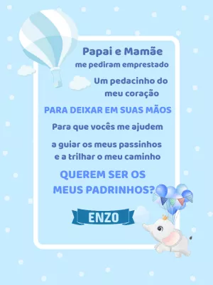 Convite para Padrinhos Elefantinho Azul Editável Online