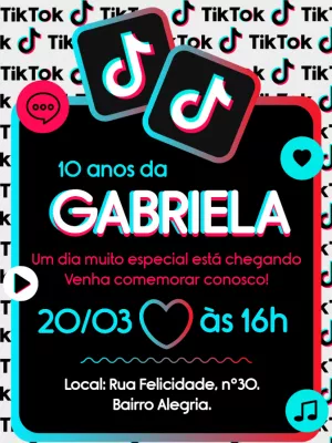 Convite de Aniversário Tik Tok para Editar e Enviar Online
